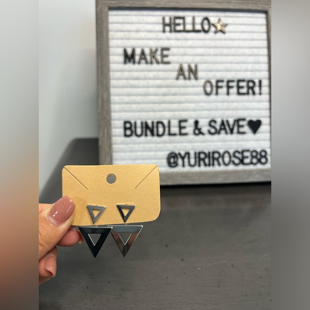 Silver Tone Triangle Stud Earrings - image 2